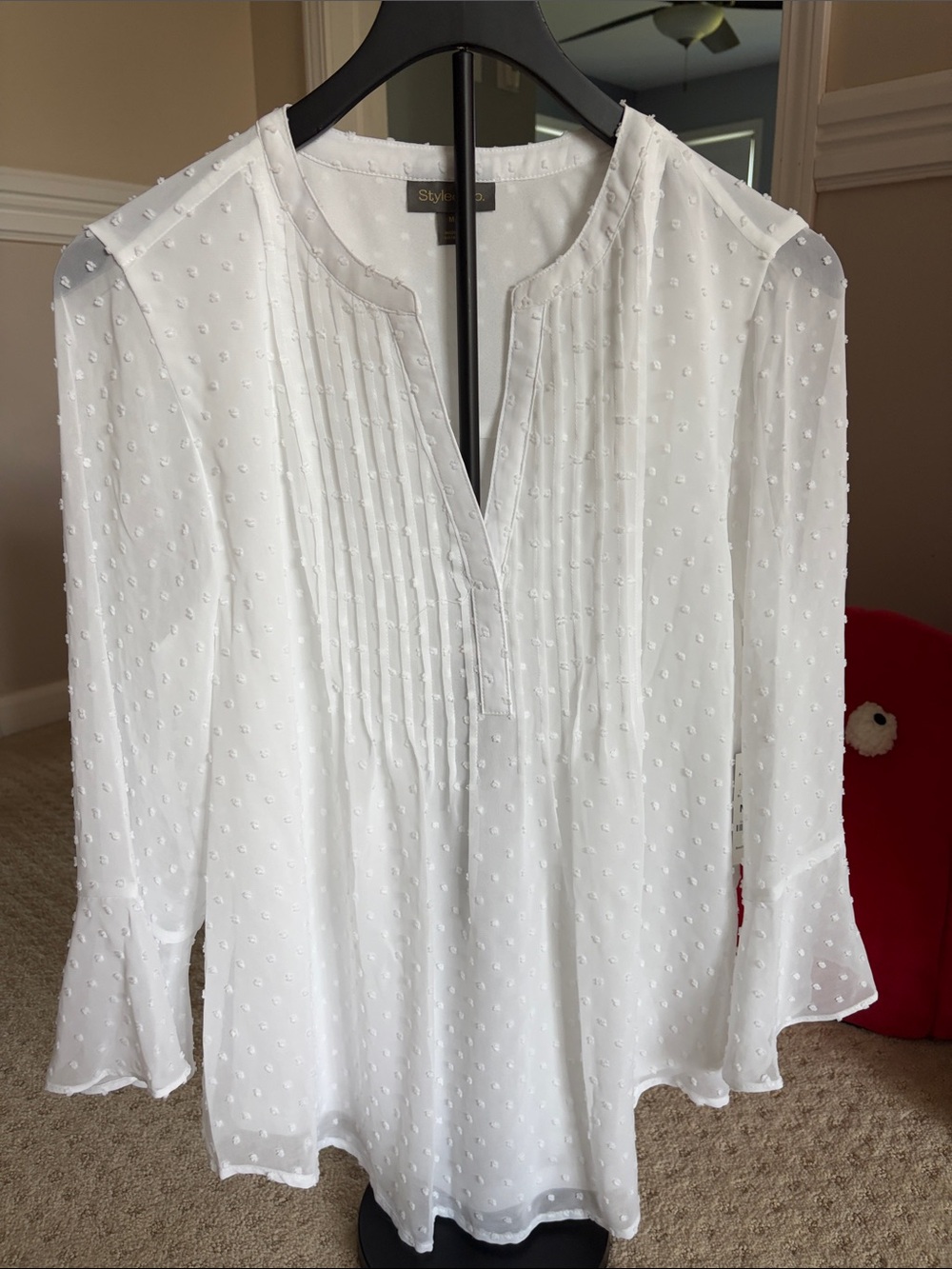 Style & Co. White Swiss Dot Pintuck Peasant Blouse